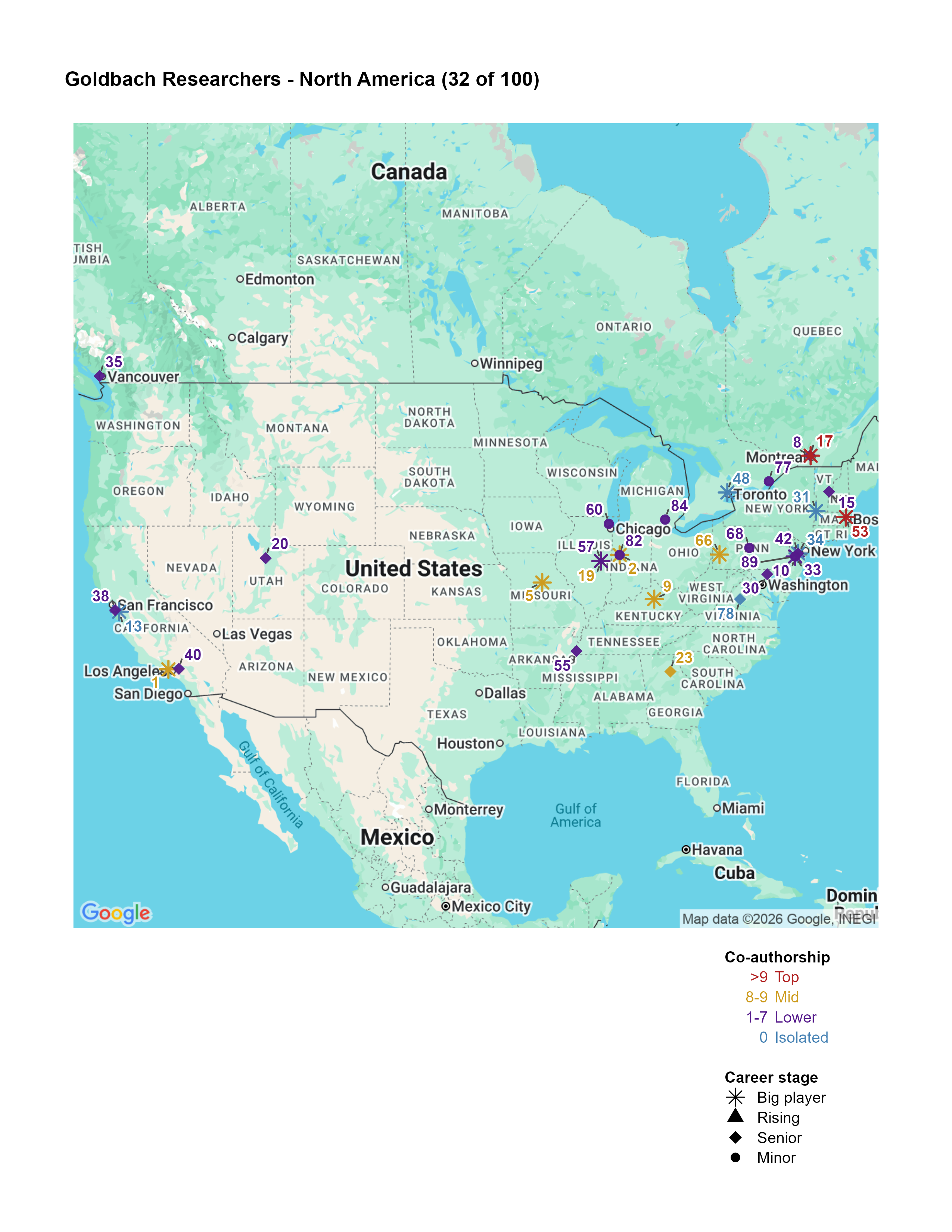 Map of North America Top 100 researchers